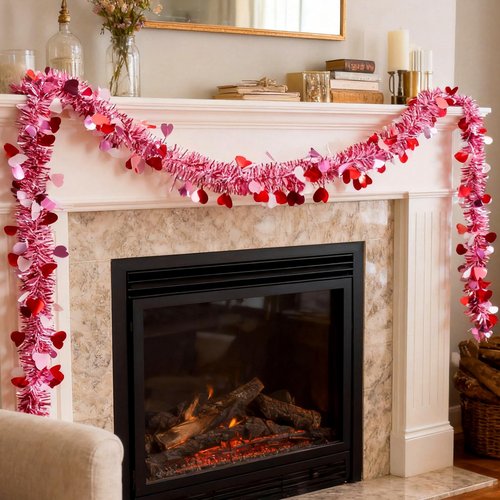 55.77 FT Valentines Day Garland Decor Red Pink Purple Heart Tinsel Garland Metallic Glitter Hanging Garlands Valentines Day Decorations for Tree Mantel Home Indoor Wedding Galentines Party.
