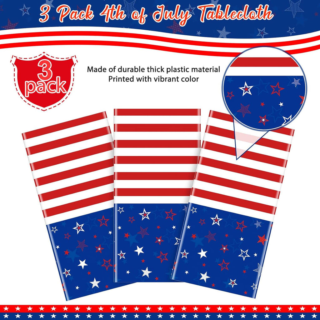 Patriotic Tablecloths by [Brand Name] - 3 Pcs Red, White & Blue Disposable Covers | 54x108 Inch for 4th of July Celebrations