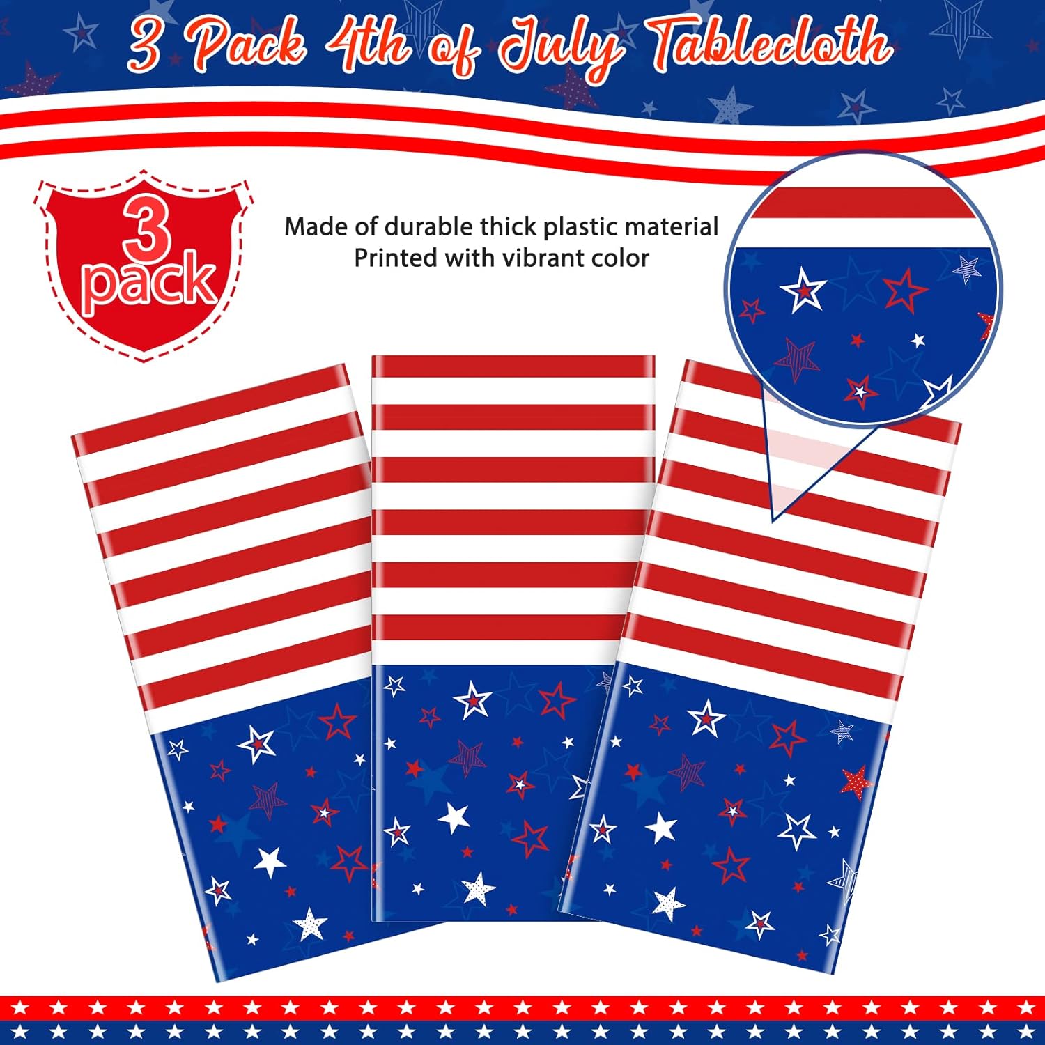 Patriotic Tablecloths by [Brand Name] - 3 Pcs Red, White & Blue Disposable Covers | 54x108 Inch for 4th of July Celebrations