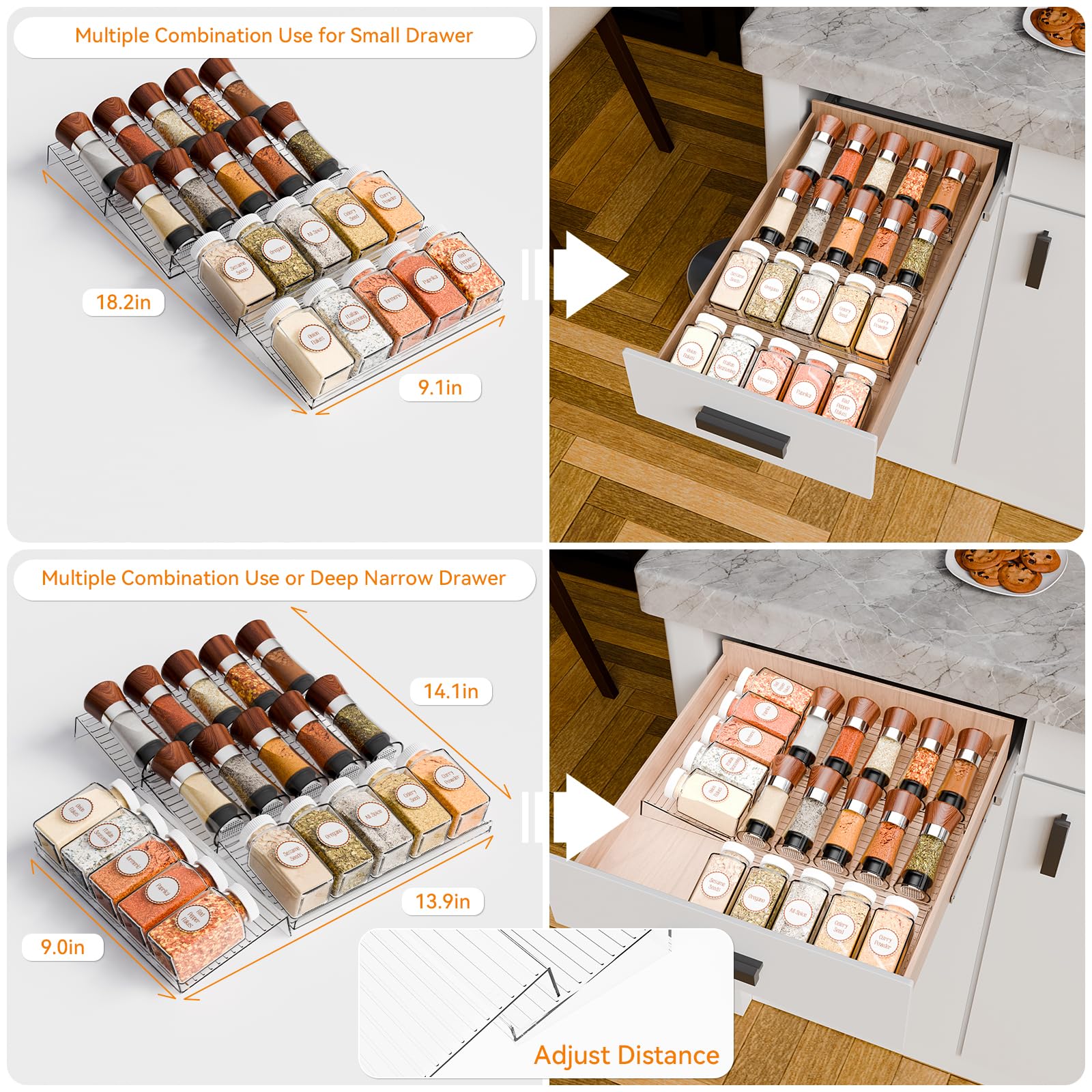 Yieach 4 Pack Adjustable Narrow Spice Rack for Drawer - Expandable From 9" to 17.7" - Acrylic Drawer Seasoning Organizer,Tiered Clear Spice Tray for Spices,Condiment,Nail Polish and Jar Organization