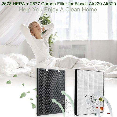 FFsign 2678 Replacement High Efficiency HEPA Filter + 2677 Actived Carbon Filter for Bissell Air220 Air320, 1 True HEPA Pre-Filter & 1 Carbon Filter