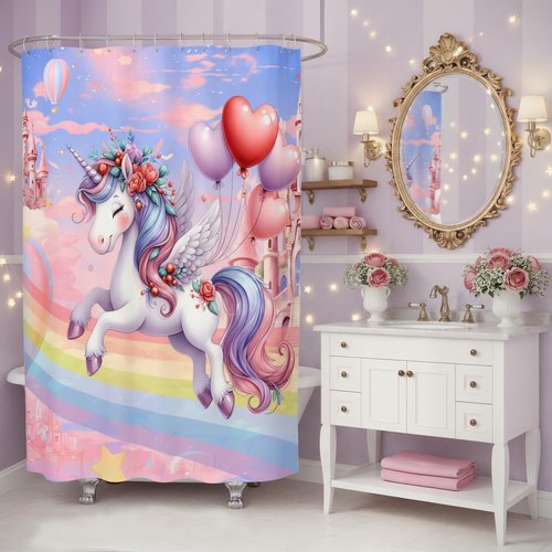 Glowevera Vivantia 4Pcs Unicorn Girls Shower Curtain with Memory Rugs, Kids Bathroom Sets with Cute Uicorn Shower Curtain, Non-Slip Rug,Toilet Lid Cover Bath Mat and 12 Hooks,Gift for BoyGirl Kids