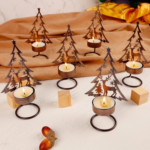 Juegoal Tea Light Candle Holders Set - Rustic Metal Tree & Reindeer Design | Holiday Table Centerpiece