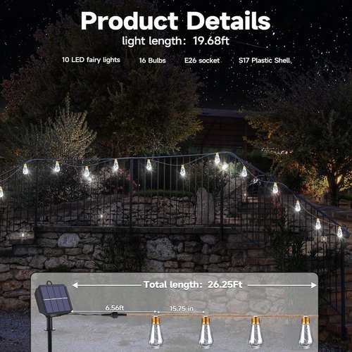 **Skiennix Solar Outdoor String Lights - 20Ft Vintage Rope Design | Waterproof 8 Modes with 16 Shatterproof Bulbs**