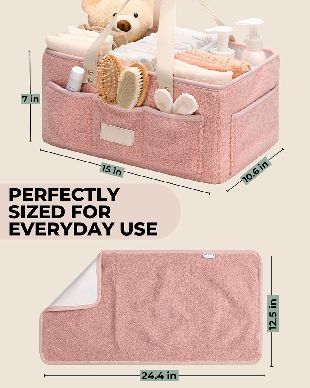 Skiennix Baby Diaper Caddy Organizer - Portable Changing Mat & Removable Dividers - Teddy Fleece Design