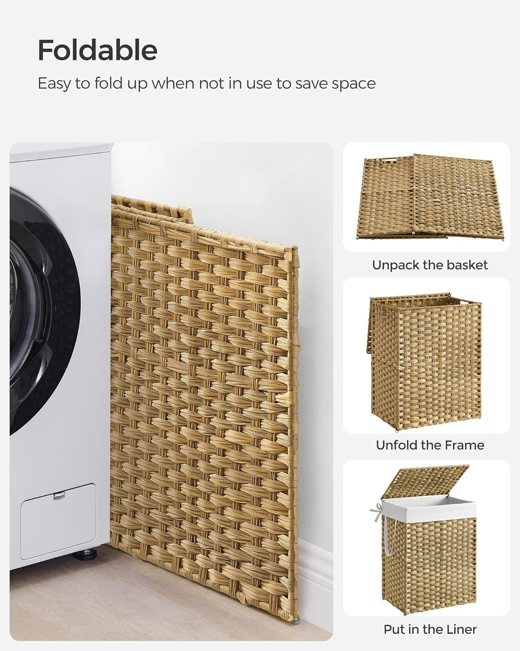 SONGMICS Laundry Hamper - 23.8 Gallon Synthetic Rattan Basket with Lid & Handles | Foldable, Goose Yellow