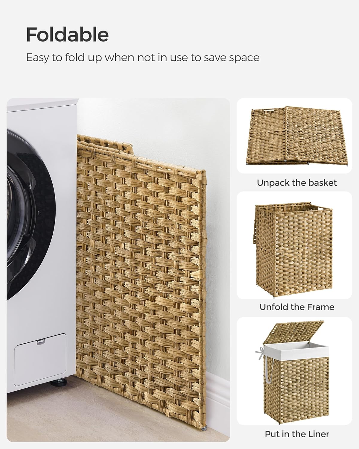 SONGMICS Laundry Hamper - 23.8 Gallon Synthetic Rattan Basket with Lid & Handles | Foldable, Goose Yellow