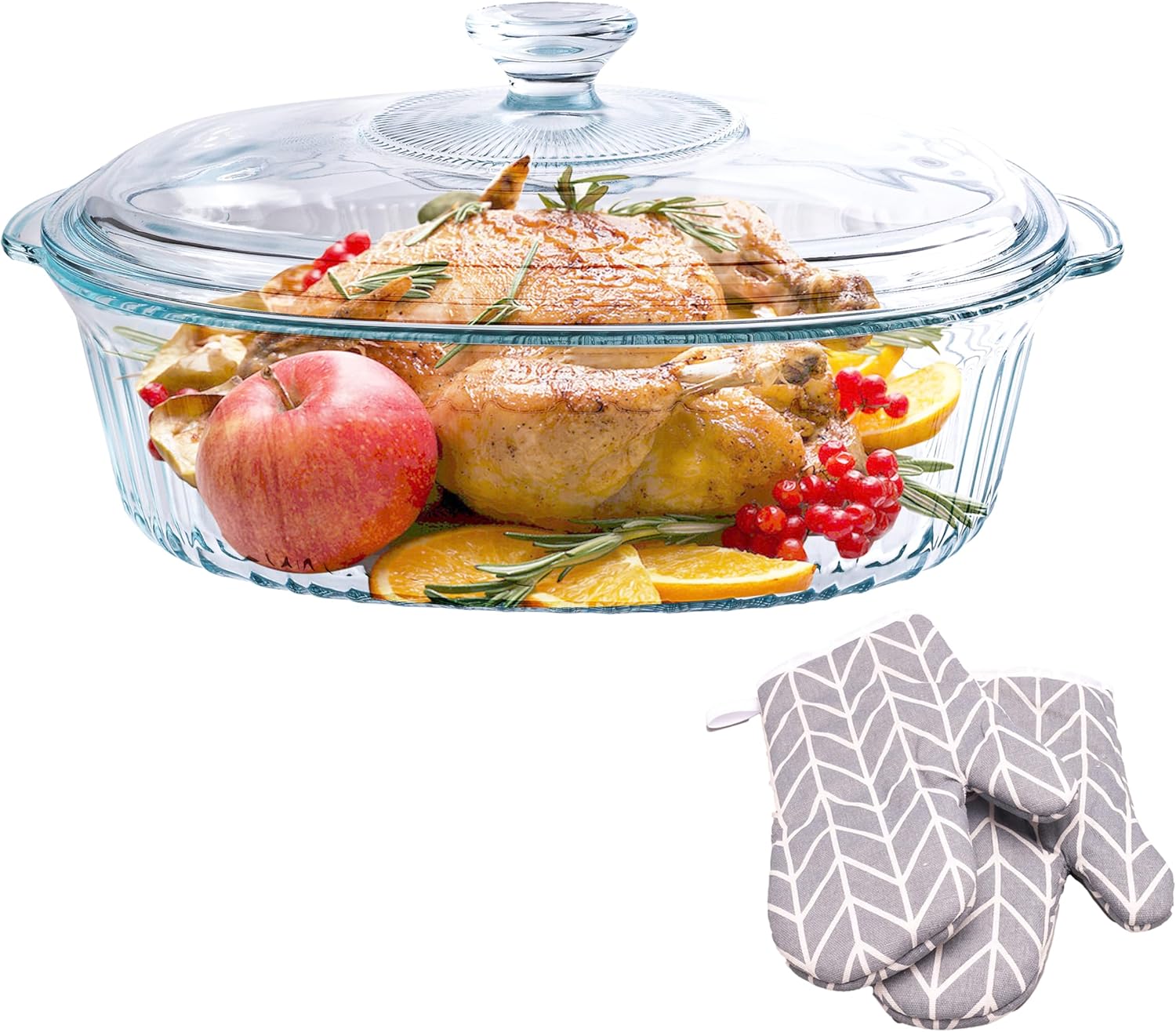 Skiennix Casserole Dish With Lid - 3Qt Clear Oval Glass Baking Dish for Cooking & Serving