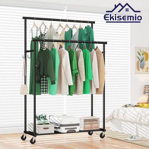 Ekisemio Heavy-Duty Double Rods Clothes Rack - 400 LBS Capacity | 45-Inch Rolling Garment Rack with Shelves, Black