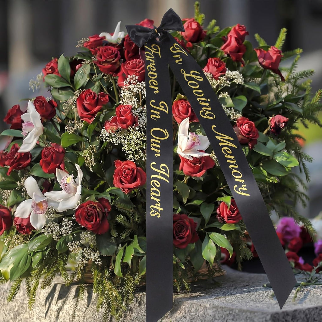 Norme Memorial Funeral Sash - 2 Pcs Satin Ribbon in Loving Memory | 63x3.8'' Black for Casket Wreaths