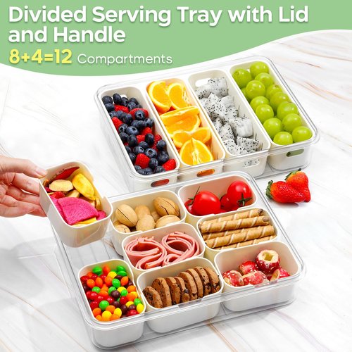 Yipaga 2 Pack Divided Serving Tray with Lid and Handle, 12 Compartments Snackle Box Container for Portable Snack Platters Large Clear Organizer for Picnic Snacks to Go Dishwasher Safe