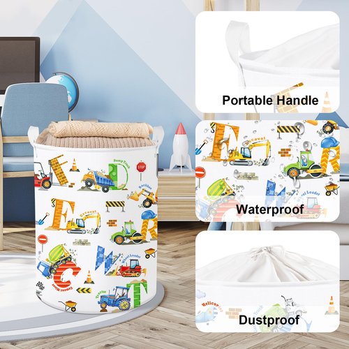 Clastyle Large Alphabet Car Kid Laundry Basket Construction Police Car Clothes Hamper for Boy Nursery Collapsible Excavator Toy Storage Basket with Lid