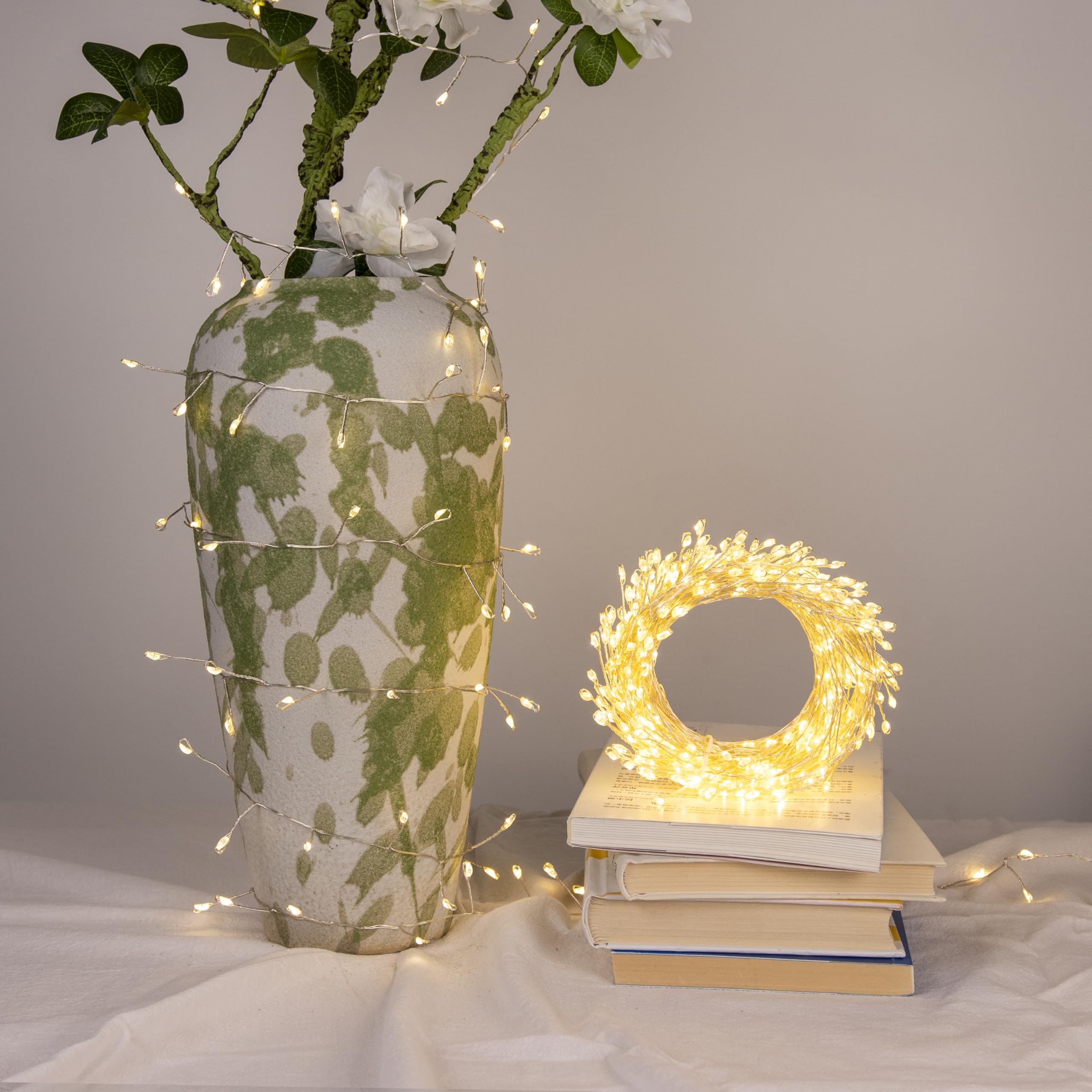 PCORES Fairy Lights Plug in, 100FT 1000LED Firecracker String Lights Waterproof Silver Wire, for Bedroom/DIY/Party/Garden/Porch/Patio/Backyard/Christmas Tree, with Remote Timer & 8 Modes, Warm White