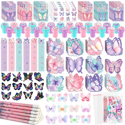 BenLouis 108Pcs Butterfly Party Favors Butterfly Fairy School Stationery Set Bulk for Kids Spring Flower Tea Birthday Birthday Goodie Bag Stuffers Classroom Gifts Rewards Pinata Filler