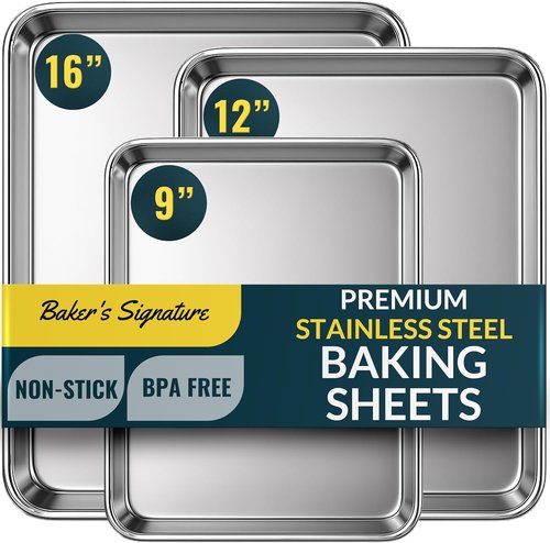 Baker's Signature Stainless Steel Baking Sheet Set - Includes 125 Unbleached Parchment Paper Sheets | 9x13 In, Non-Stick, Curl-Free