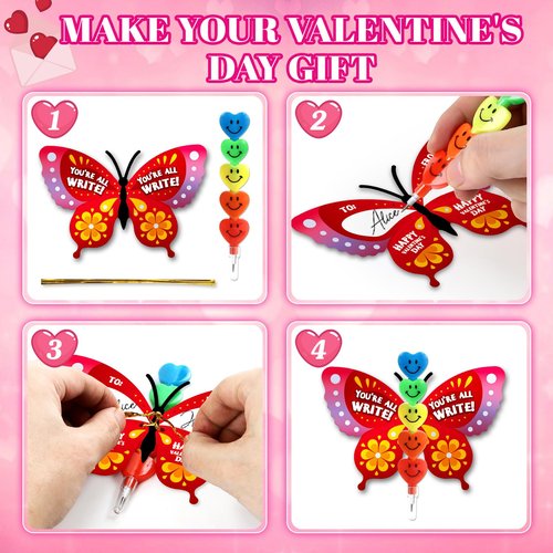 SpringFlower 30 Pack Valentines Day Cards for Kids School with Stacking Heart Pencils, Valentines Day Gifts Exchange for Kids Boys Girls, Valentines Party Favors Prizes Set for Kids