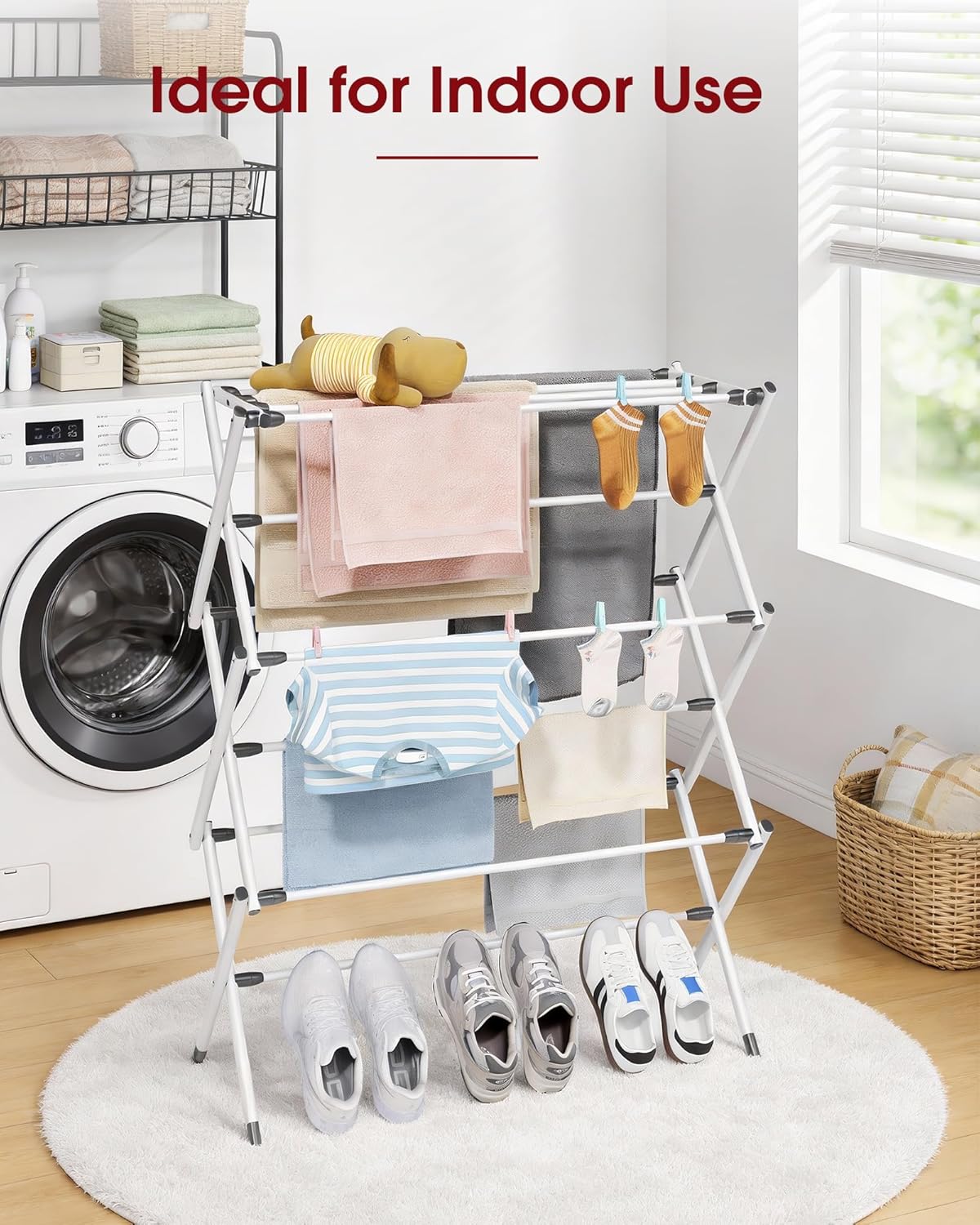 Sakugi Foldable Clothes Drying Rack - 3-Tier Metal Laundry Organizer with Non-Slip Feet | Indoor & Outdoor Use, 11.4"D x 29.1"W x 37.4"H, White & Black