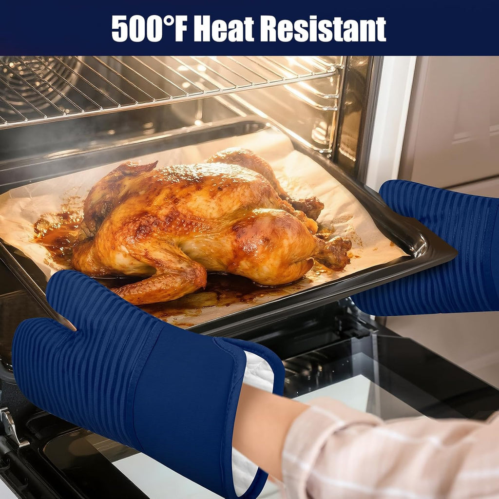 Skiennix Oven Mitts and Pot Holder Set - 500°F Heat Resistant Silicone Grip | 6 Pack Dish Towels - Marine Blue Kitchen Essentials