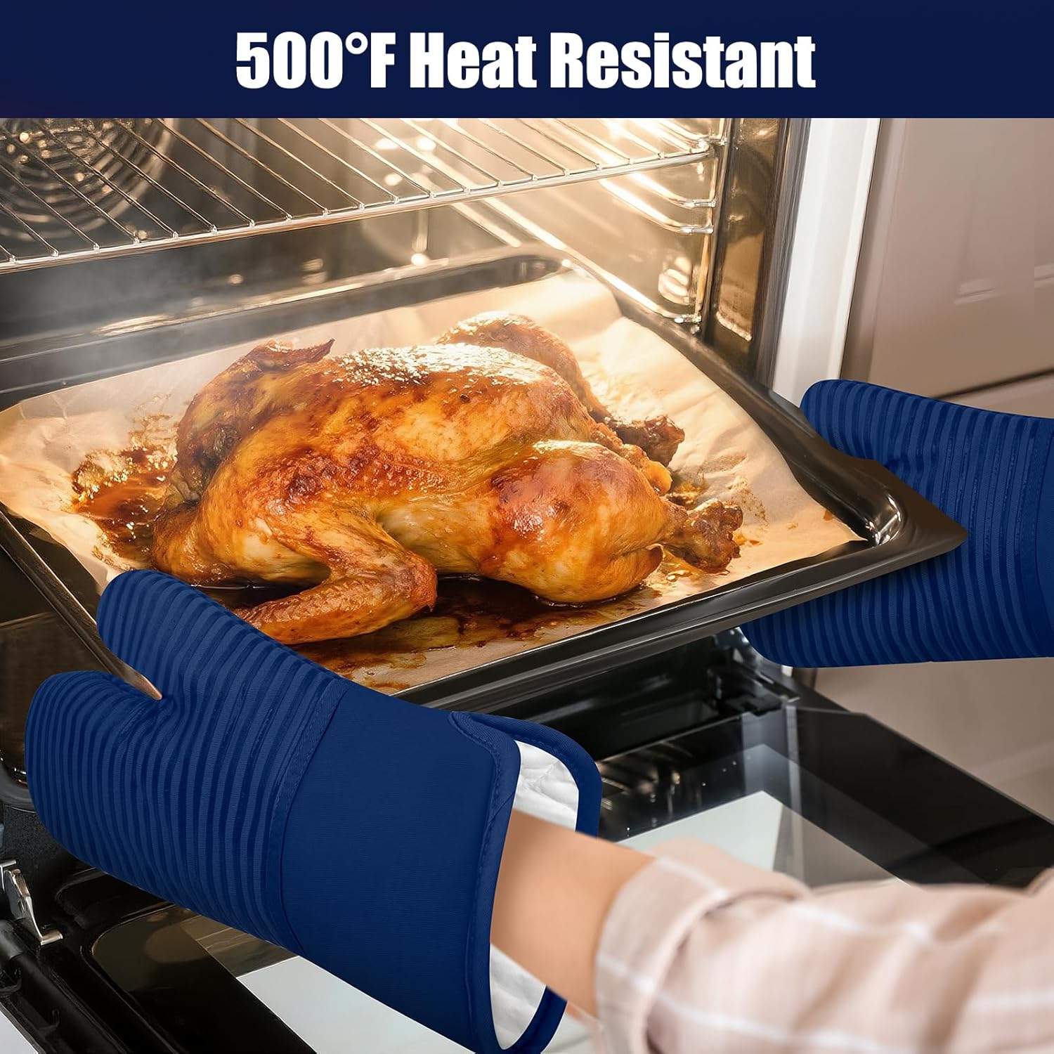 Skiennix Oven Mitts and Pot Holder Set - 500°F Heat Resistant Silicone Grip | 6 Pack Dish Towels - Marine Blue Kitchen Essentials
