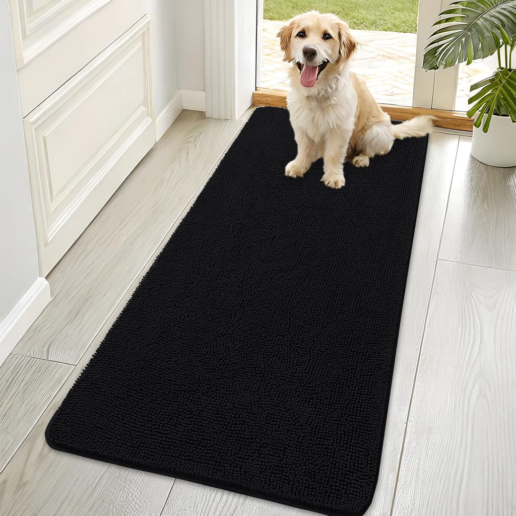 OLANLY Dog Door Mat - Absorbent Non-Slip Chenille Mat for Muddy Paws | 70x35, Quick Dry, Black