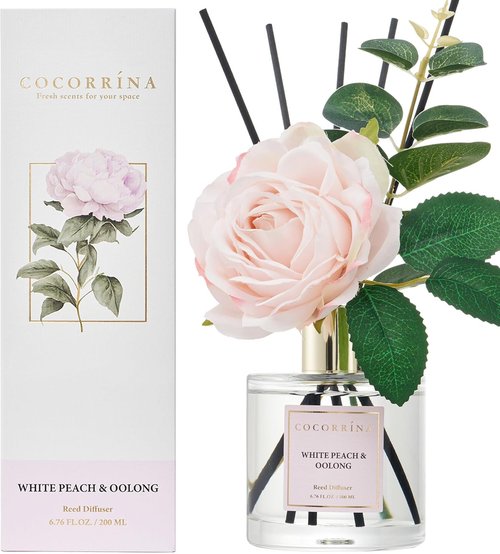 Cocorrína Flower Reed Diffuser - White Peach & Oolong 6.7oz Scented Home Fragrance with Sticks | Elegant Bathroom Decor
