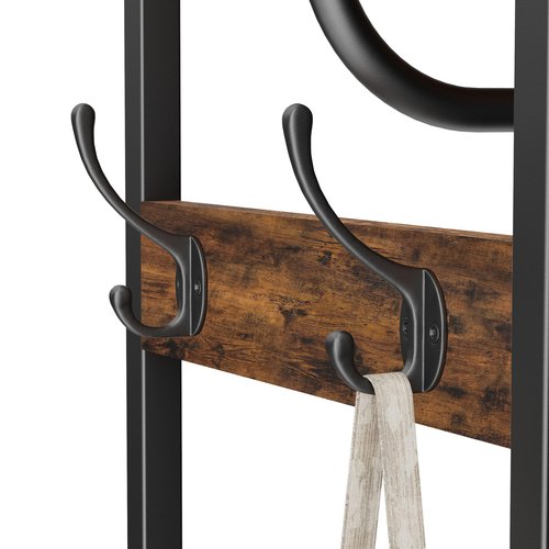 Cerlyunzan Coat Rack With Hanging Rod, Garment Rack With 3 Wooden Shelves and 4 Hooks, Freestanding Hall Tree, Industrial Clothes Rack Stand Organizer, Rustic Brown and Black
