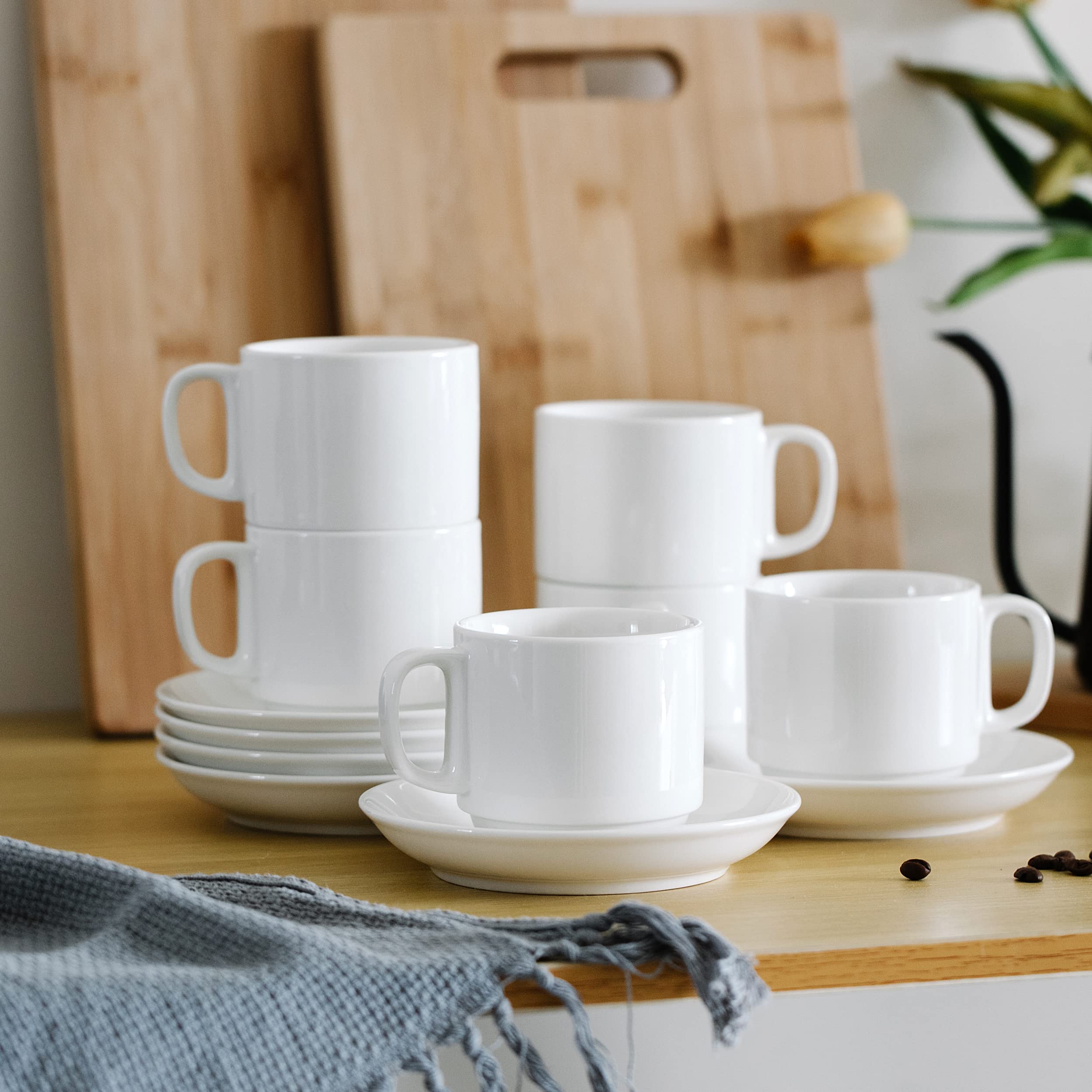 BTaT- Stackable Tea Cups and Saucers, White, Set of 6 (8 oz), Cappuccino Cups, British Coffee Cups, Porcelain Tea Set