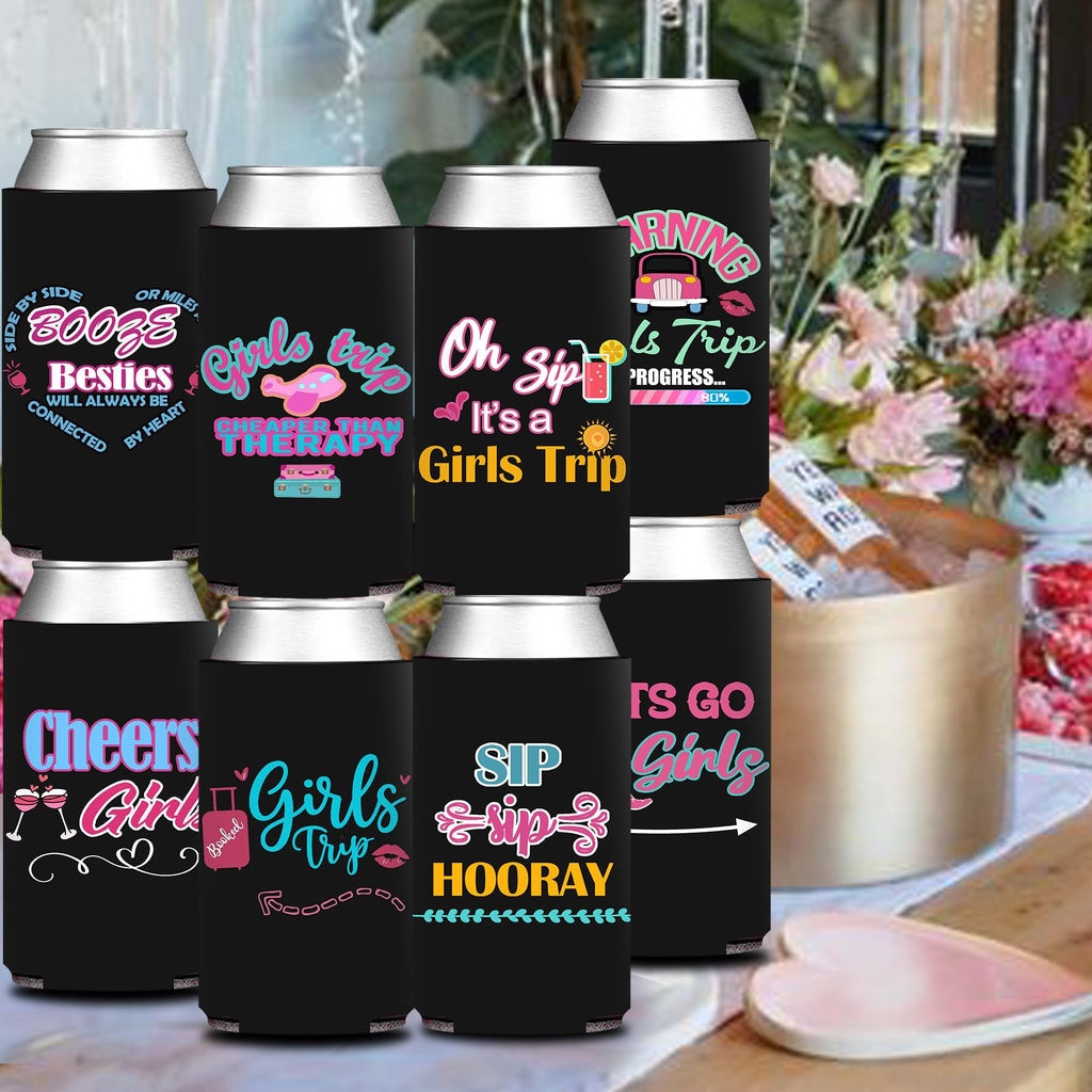 HAPPARTY Black Weekend Trip Theme Slim Can Cooler Sleeves 8Pcs, Weekend Bottle Can Beverage Cold Drinking Holder Sleeves for Birthday Bachelorette Girl Trip Party Favor Gifts