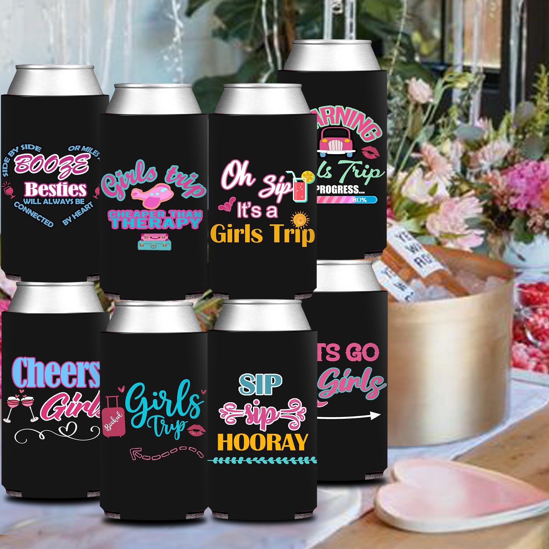 HAPPARTY Black Weekend Trip Theme Slim Can Cooler Sleeves 8Pcs, Weekend Bottle Can Beverage Cold Drinking Holder Sleeves for Birthday Bachelorette Girl Trip Party Favor Gifts