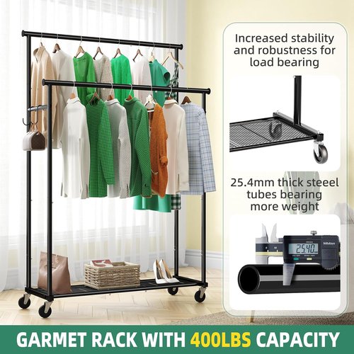 Ekisemio Heavy-Duty Double Rods Clothes Rack - 400 LBS Capacity | 45-Inch Rolling Garment Rack with Shelves, Black