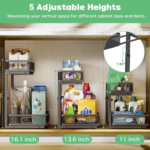 Dolesman Under Sink Organizer 2 Pack, High Adjustable 2 Tier Under Sink Organizers and Storage, Slide out Metal Cabinet Organizers, Pull out Storage Drawer Shelf for Kitchen Bathroom Cabinet