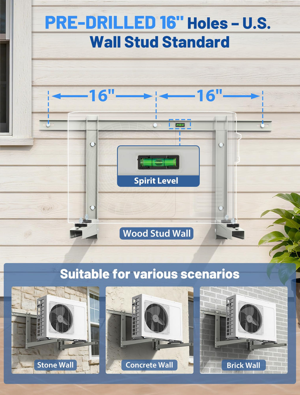 SMOQIO Mini Split Wall Mounting Bracket, Mini Split Brackets for Outside for 6000-36000 BTU Minisplit/Air Conditioner/Heat Pump (Max 550 LBS), Pre-Drilled 16" Holes to Match U.S. Wall Stud Standard