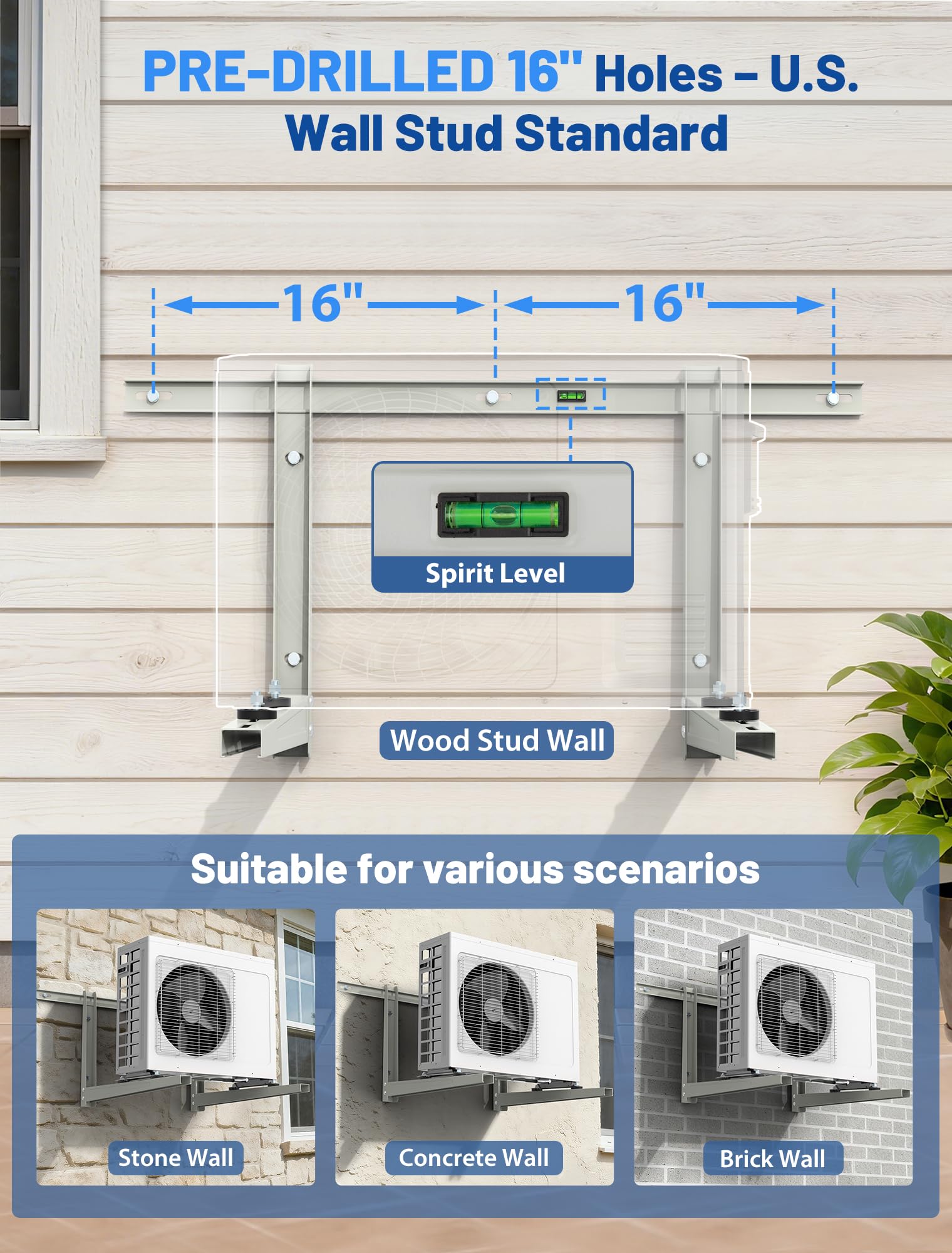 SMOQIO Mini Split Wall Mounting Bracket, Mini Split Brackets for Outside for 6000-36000 BTU Minisplit/Air Conditioner/Heat Pump (Max 550 LBS), Pre-Drilled 16" Holes to Match U.S. Wall Stud Standard