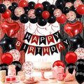 Recosis Red and Black Birthday Decorations, Happy Birthday Banner, Confetti Balloons, Fringe Curtain, Heart Star Foil Balloons, Hanging Swirls for Women Girls Birthday Princess Party Decorations