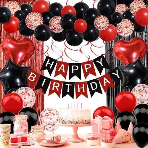 Recosis Red and Black Birthday Decorations, Happy Birthday Banner, Confetti Balloons, Fringe Curtain, Heart Star Foil Balloons, Hanging Swirls for Women Girls Birthday Princess Party Decorations