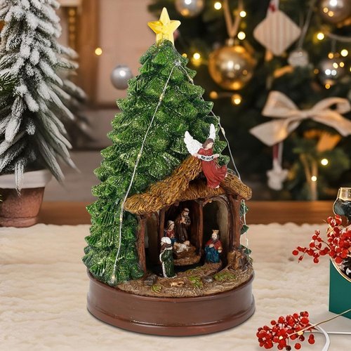 Innodept12 Christmas Tree Rotating Nativity Scene Figurines - Animated Holiday Decoration with Music, Angel & Star - 9.84" Collectible Tabletop Display