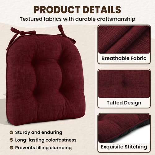downluxe Indoor Chair Cushions for Dining Chairs, Tufted Overstuffed Textured Kitchen Chair Pads with Ties and Non-Slip Backing, 15.5" x 15.5" x 4", Burgundy, 4 Pack