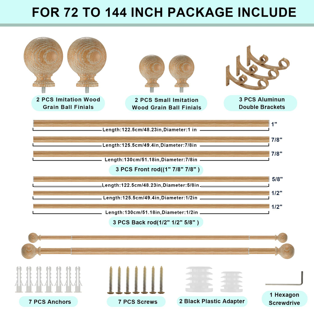 Double Wooden Curtain Rods for Windows 72 to 144 Inches,1 Inch Front and 5/8 Inch Back Boho Curtain Rod with Imitation Wood Grain Ball Finials and Double Aluminum Bracket,Light Wood Grain