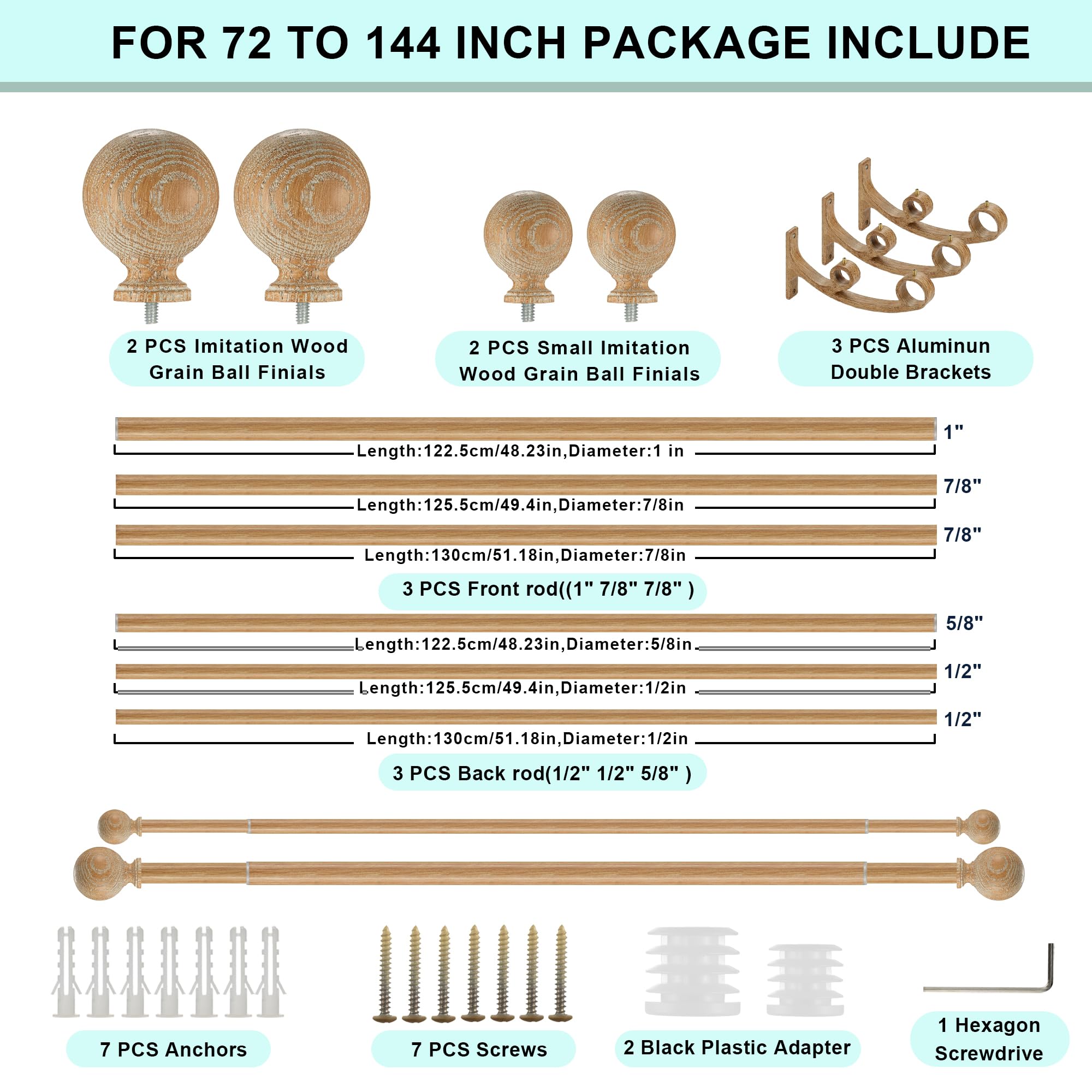 Double Wooden Curtain Rods for Windows 72 to 144 Inches,1 Inch Front and 5/8 Inch Back Boho Curtain Rod with Imitation Wood Grain Ball Finials and Double Aluminum Bracket,Light Wood Grain