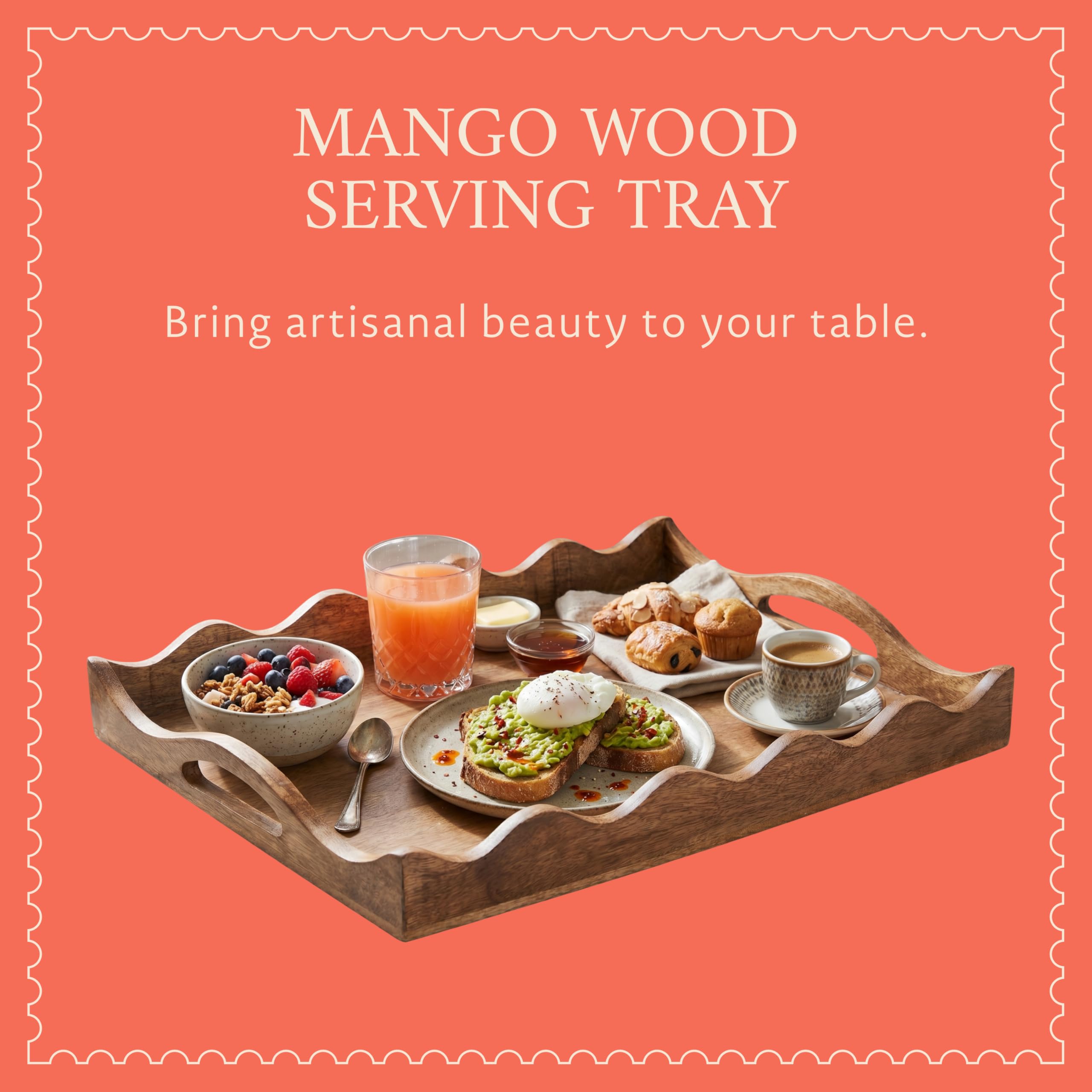 Mela Artisans Wooden Serving Tray with Handles | 12x8x2.5 Mango Wood Decorative Tray | Ottoman Tray | Snacks | Desserts | Breads | Coffee Table | Bedroom | Scalloped Design