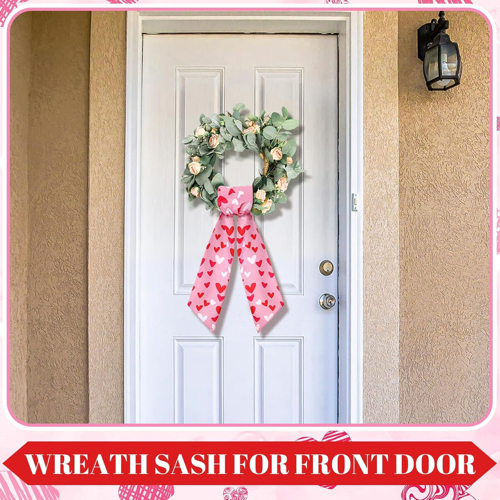 Skiennix Wreath Sash - Satin Blank Sash for Front Door Decor | Romantic Heart Print, Red & Pink
