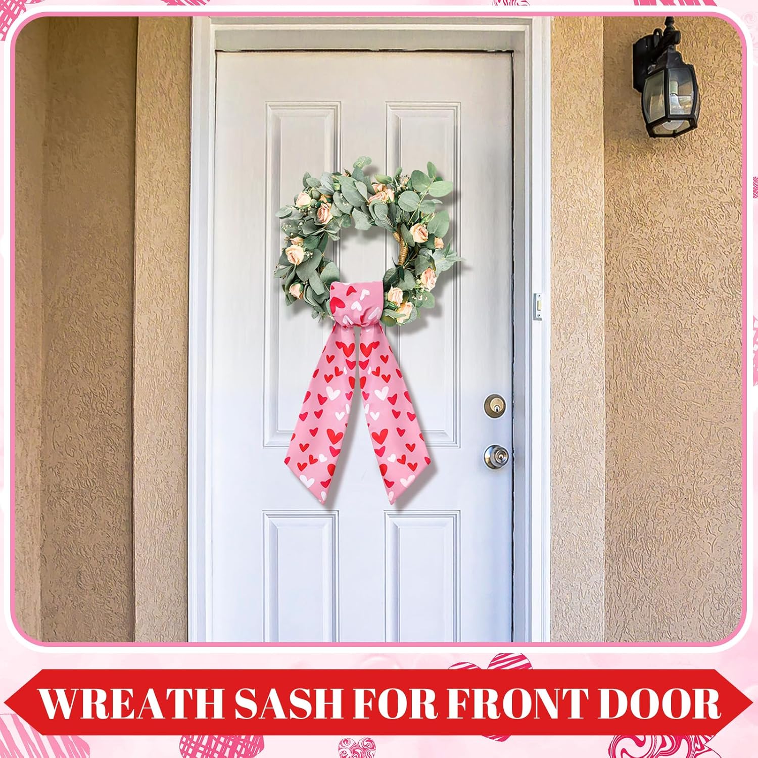 Skiennix Wreath Sash - Satin Blank Sash for Front Door Decor | Romantic Heart Print, Red & Pink
