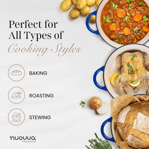 Cast Iron Pot with Lid – Non-Stick Ovenproof Enamelled Casserole Pot, Oven Safe up to 500° F – Sturdy Dutch Oven Cookware – Dark Blue, 5-Quart, 24cm – by Nuovva