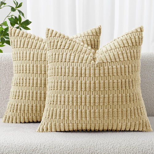 MIULEE Corduroy Throw Pillow Covers - Soft Boho Striped Design | 20x20 Inch Beige for Modern Home Decor