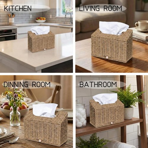 Furrywise Tissue Box Cover Compatible with Kleenex Hand Towels, Paper Rope Hand Towel Holder for Bathroom, Kitchen and Bathroom, 10.43" L x 4.5" W x 8" H in, Natural