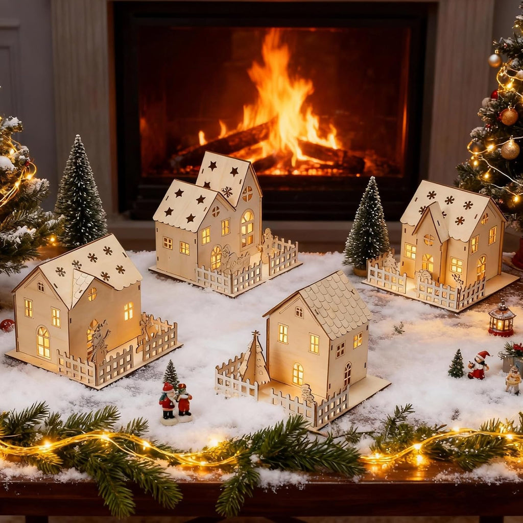 Qunclay Christmas Village Set - 4 Unfinished Wooden Houses for Holiday Crafts & Table Decor