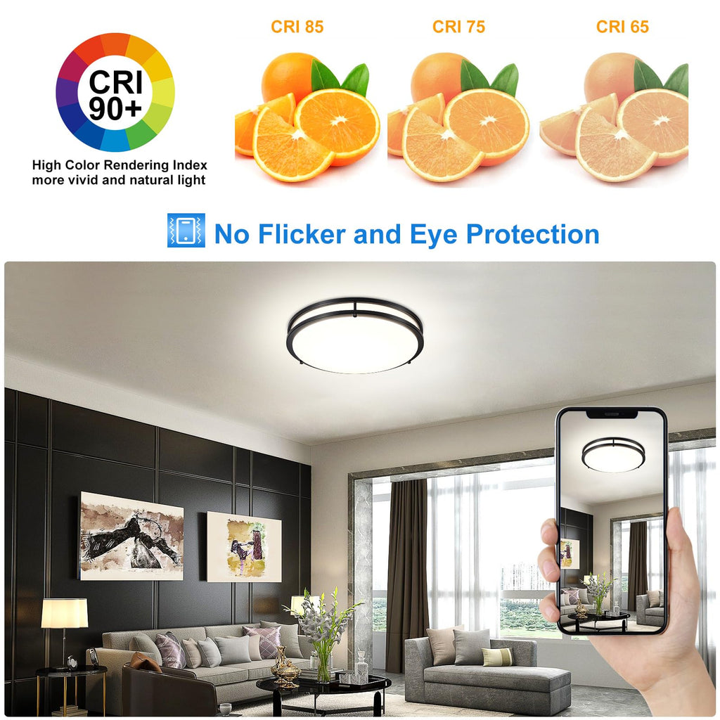 DLLT Flush Mount LED Ceiling Light: 16 Inch 5CCT (3000K-6000K) & Dimmable Ceiling Light Fixtures for Bedroom Hallway - 36W Modern Black Super Bright Kitchen Lighting Fixtures Ceiling