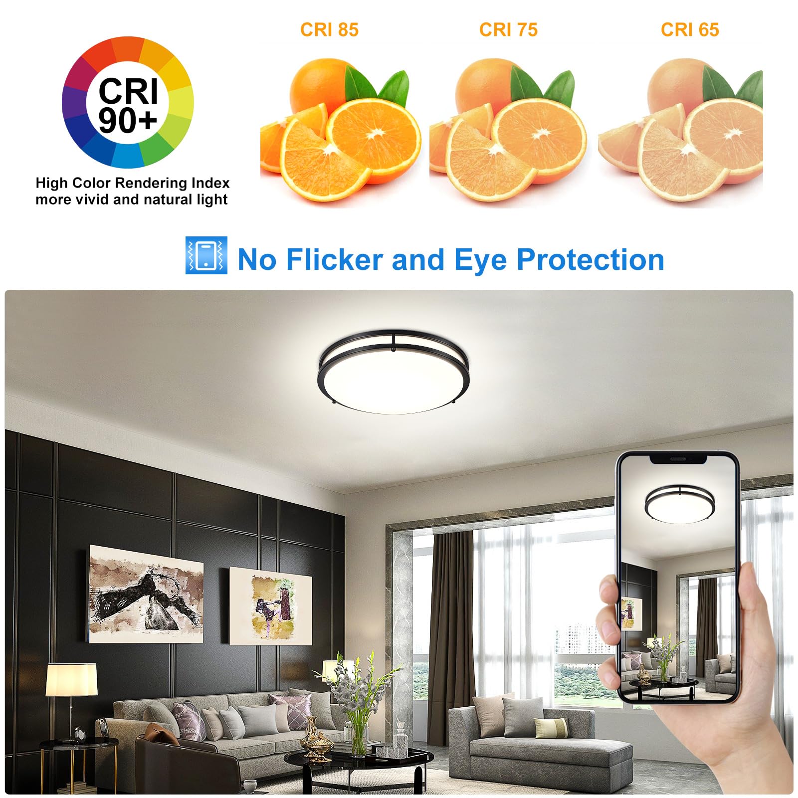 DLLT Flush Mount LED Ceiling Light: 16 Inch 5CCT (3000K-6000K) & Dimmable Ceiling Light Fixtures for Bedroom Hallway - 36W Modern Black Super Bright Kitchen Lighting Fixtures Ceiling