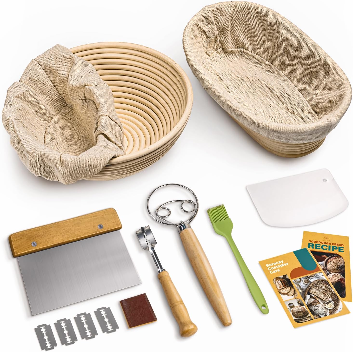 RORECAY Proofing Basket Set - 9" Round & 10" Oval Cane Baskets with Dough Whisk & Scrapers for Sourdough Baking