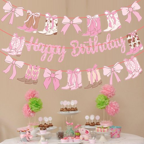Coquette Cowgirl Birthday Banners Western Cowgirls Decorations 3PCS Boots and Bows Banner Glitter Pink Coquette Bows Birthday Decor for Girls Western Theme Baby Shower Supplies